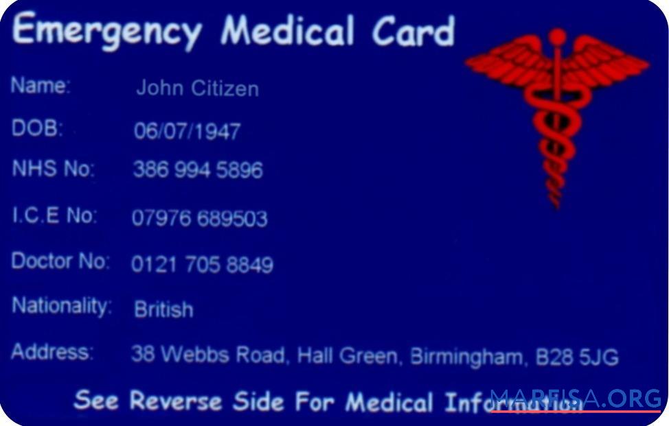 Printable UK emergency medical card real example